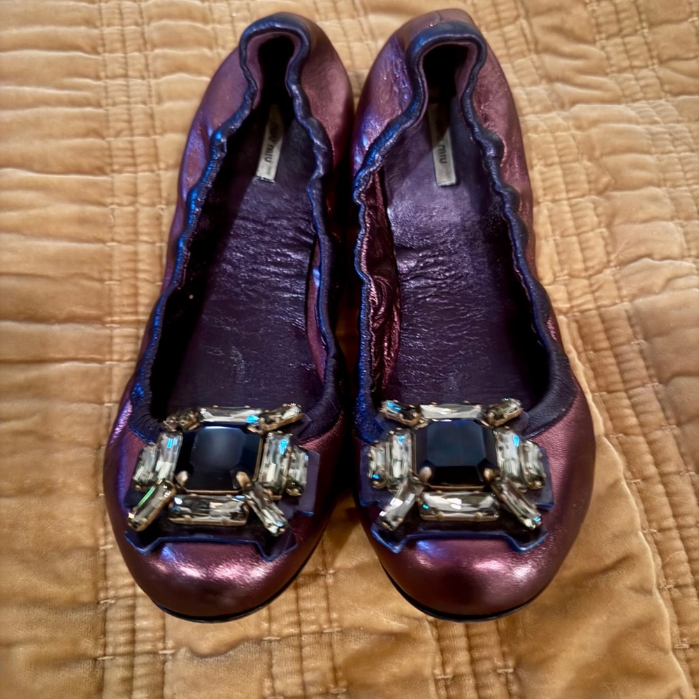 Miu Miu Purple Embellished Flats - Size 38.5 - GUC